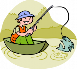 Fisherman in Boat Catches Fish - Vector Image