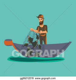 Vector Clipart - Cartoon fisherman standing in hat and pulls ...