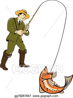 Clip Art Vector - Fly fisherman catching trout fish cartoon ...