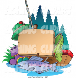 Clip Art of a Fishing Post Sign with Gear; Net, Tackle Box ...