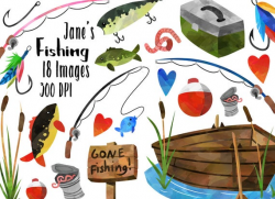 Watercolor Fishing Clipart - Fishing Items Download - Instant Download -  Watercolor Fishing Supplies - Lures - Rods - Boat