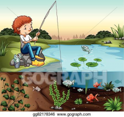 Vector Clipart - Boy fishing by the river. Vector ...