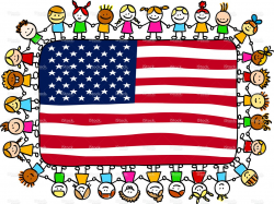 patriotic happy children friends holding USA, american flag ...