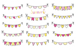 Yellow purple hand drawn buntings clipart, Summer banner party flags clip  art
