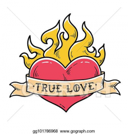 EPS Vector - Flaming heart tattoo with ribbon. true love ...