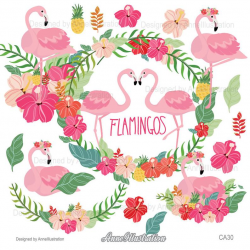 Flamingo Clipart,Summer Clipart,Love clipart,Border,Wreath  Clipart,Vector,Instant download Illustration_ CA30