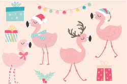 Christmas flamingo clipart and paper set