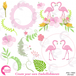 Flamingo Clipart, Pink Flamingo Clipart, Create your own floral frames,  Exotic Clipart, Summer Clipart, AMB-2248