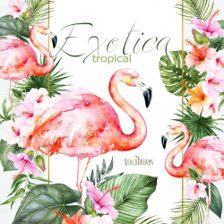 Watercolor Flamingo, Flowers, Leaves, Tropical Frames Clipart, Hibiscus,  Tropic Floral, Green Foliage, Wedding invitation, Arrangements, png