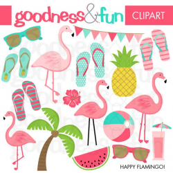 Buy 2, Get 1 FREE - Happy Flamingo Clipart- Digital Summer Flamingo Clipart  - Instant Download