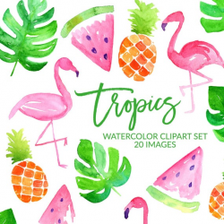 Watercolor Clipart, Flamingo Clipart, Summer Clipart, Tropical Clipart,  Pineapple Clipart, Watercolor Clip Art