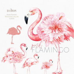 Watercolor Flamingo, Flowers, Tropical Clipart, Birds, Rose Gold, Tender  Pink, Hibiscus, Tropic Floral, Summer Party, Wedding invitation