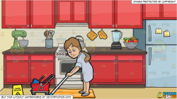 A Woman Mopping A Wet Floor and A Stove In The Kitchen Background