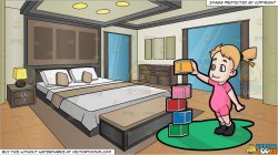 A Female Toddler Building A Tower From Blocks and A Modern Bedroom  Background