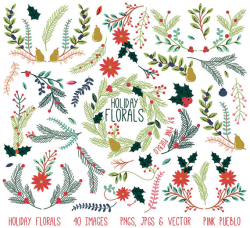 Christmas Floral Clipart Clip Art, Holiday Laurel Wreath ...