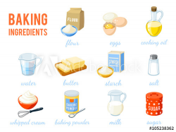 Set of cartoon food: baking ingredients - flour, eggs, oil ...