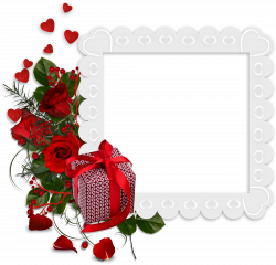 Beautiful White Transparent Frame with Hearts and Red Roses and Gift ...