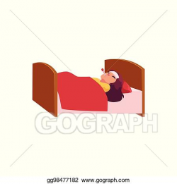 Vector Clipart - Sick little girl lying in bed with cold ...