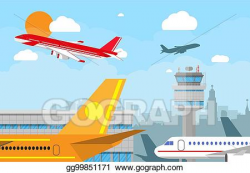 Clip Art Vector - Airport control tower and flying airplane ...