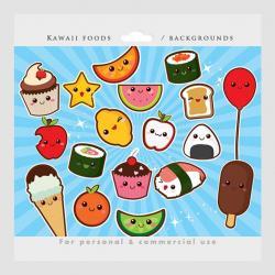 Cute food clipart - kawaii clip art, Japanese cute, sushi, fruit, cupcake,  onigiri, starburst backgrounds, for personal and commercial use