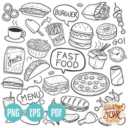 VECTOR EPS Fast Food Day Restaurant Menu Doodle Icons Clipart Scrapbook Set  Coloring hand Drawing Line Art Scribble Design Hand Drawn PNG