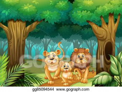Vector Art - Lion family living in the forest. Clipart ...