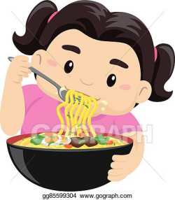 Clip Art Vector - Girl eating noodles using fork. Stock EPS ...