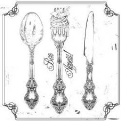 hand drawn fork, knife and spoon ornate vector art ...