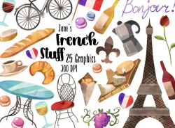 Watercolor French Clipart - French Items Download - Instant Download -  Eiffel Tower - Baguette - Cheese Plate