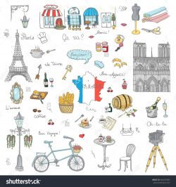 Set of hand drawn French icons, Paris sketch vector ...