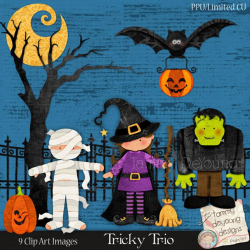 Cute Halloween Clip art, Digital mummy, witch, frankenstein, bat, pumpkins  for invitations, party favors, scrapbooks, cards, photocards