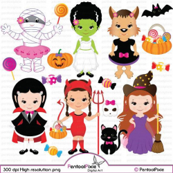 Halloween girls clipart, cute witch, frankenstein girl, vampire girl, mummy  girl, devil girl, cute ghost clipart, girls halloween, dracula