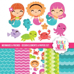 Mermaid and friends clip art and paper set / Digital Clipart ...