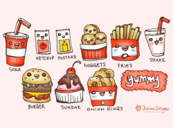 Cute Burger and Fries clipart commercial use, fast food clip art, chicken  nuggets, ketchup mustard milkshake kawaii instant download