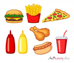 Fast food clipart, hamburger clipart, french fries, pizza, hot dog, fries  chicken, ketchup, mustard, cola, fast food vector illustration