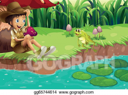 Vector Art - A boy and a frog at the riverbank. EPS clipart ...