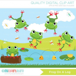 Frog on a log vector clipart, red toed frog, duck pond, lily ...