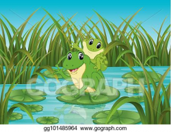 Vector Stock - River scene with happy frog on leaf. Stock ...