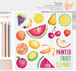 3 FOR 2. Watercolor Fruit Clipart. Tropical Fruit Painted Clip Art. Apple,  Banana, Cherry, Grape, Lemon, Lime, Orange, Strawberry, Food.