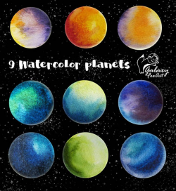 Watercolor planets, 9 watercolor elements, planets clipart,  stickers,minimalist art, blue planets, galaxy