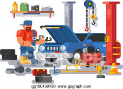Vector Art - Mechanic worker repairs car in garage. Clipart ...