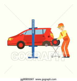 EPS Vector - Smiling mechanic changing a tire in the garage ...