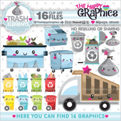 Garbage Clipart, Garbage Graphics, COMMERCIAL USE, Dumpster Clipart,  Planner Accessories, Truck collecting Trash, Trash, Kawaii