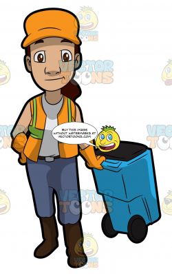 A Female Sanitation Worker Pulling A Garbage Bin