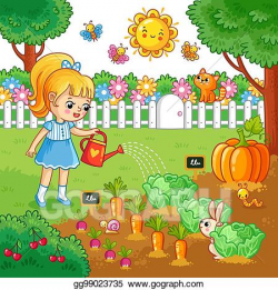 Vector Art - Girl is watering garden bed with vegetables ...