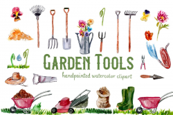 Garden Tools Watercolor Hand Painted Clipart, Spring Garden
