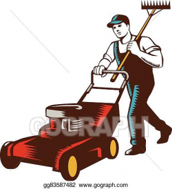 Vector Illustration - Gardener lawn mower rake woodcut. EPS ...