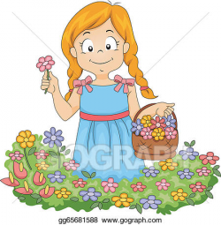 Vector Stock - Little kid girl picking flowers in garden ...