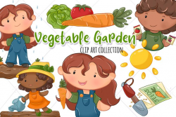 Cute Vegetable Garden Clip Art, Kids in the Garden, Kawaii Food Clipart,  Spring Kids Clipart Set, Instant Download, PNG