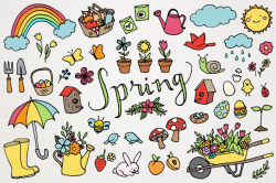 Spring Clipart Set - Springtime Clip art, flowers and gardening, hand drawn  clipart, rainbow, sunshine, baby animals, floral clipart, Easter